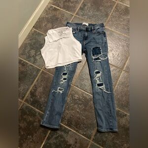 Abercrombie Kids Distressed Jeans and Cropped Collared White Top. Size XL 14/16